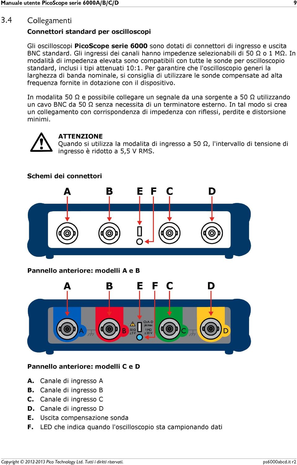 Per garantire che l'oscilloscopio generi la larghezza di banda nominale, si consiglia di utilizzare le sonde compensate ad alta frequenza fornite in dotazione con il dispositivo.