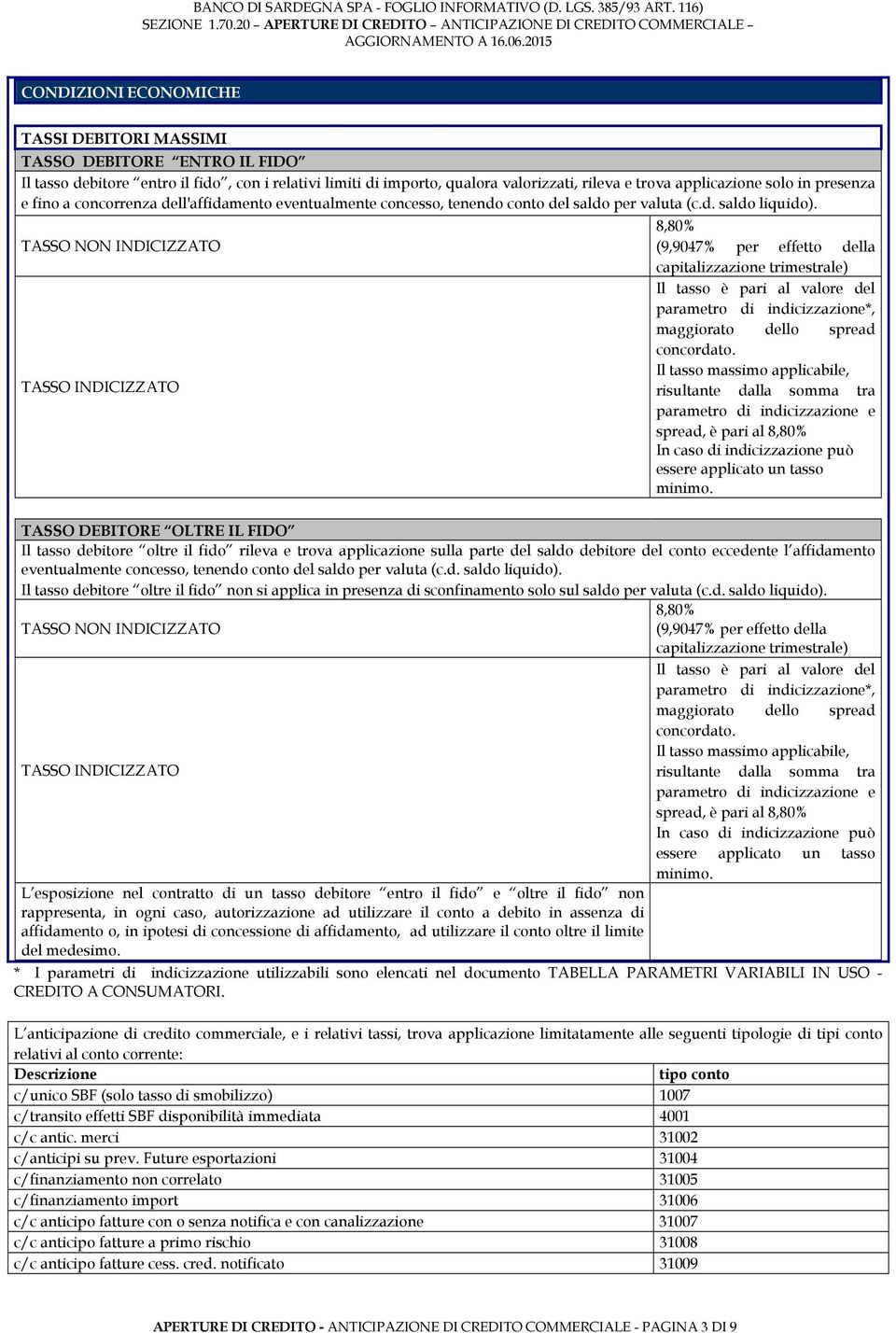 TASSO NON INDICIZZATO TASSO INDICIZZATO 8,80% (9,9047% per effetto della capitalizzazione trimestrale) Il tasso è pari al valore del parametro di indicizzazione*, maggiorato dello spread concordato.