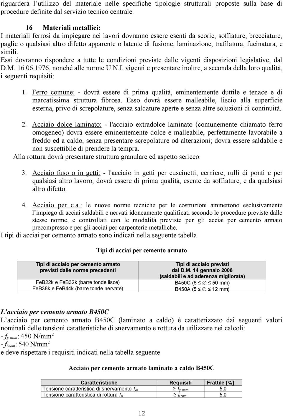 laminazione, trafilatura, fucinatura, e simili. Essi dovranno rispondere a tutte le condizioni previste dalle vigenti disposizioni legislative, dal D.M. 16.06.1976, nonché alle norme U.N.I.