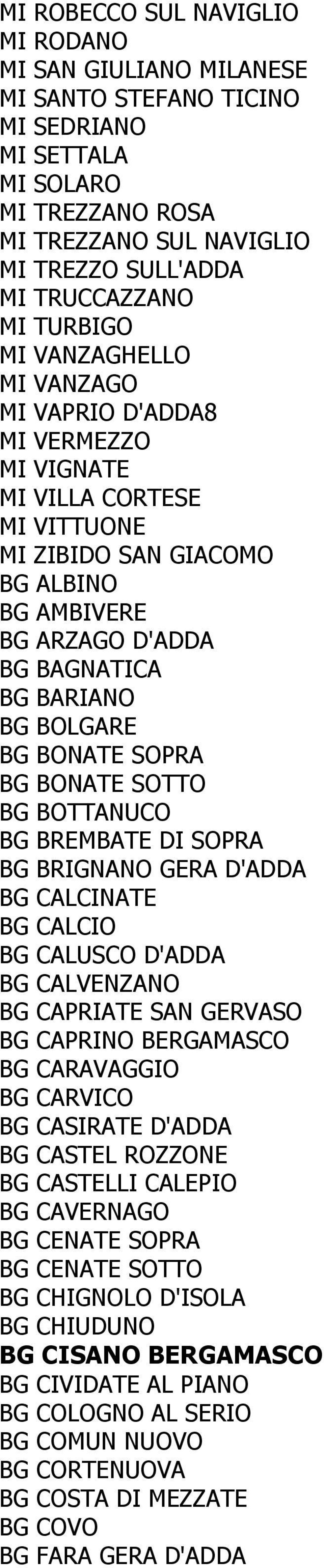 BG BONATE SOPRA BG BONATE SOTTO BG BOTTANUCO BG BREMBATE DI SOPRA BG BRIGNANO GERA D'ADDA BG CALCINATE BG CALCIO BG CALUSCO D'ADDA BG CALVENZANO BG CAPRIATE SAN GERVASO BG CAPRINO BERGAMASCO BG