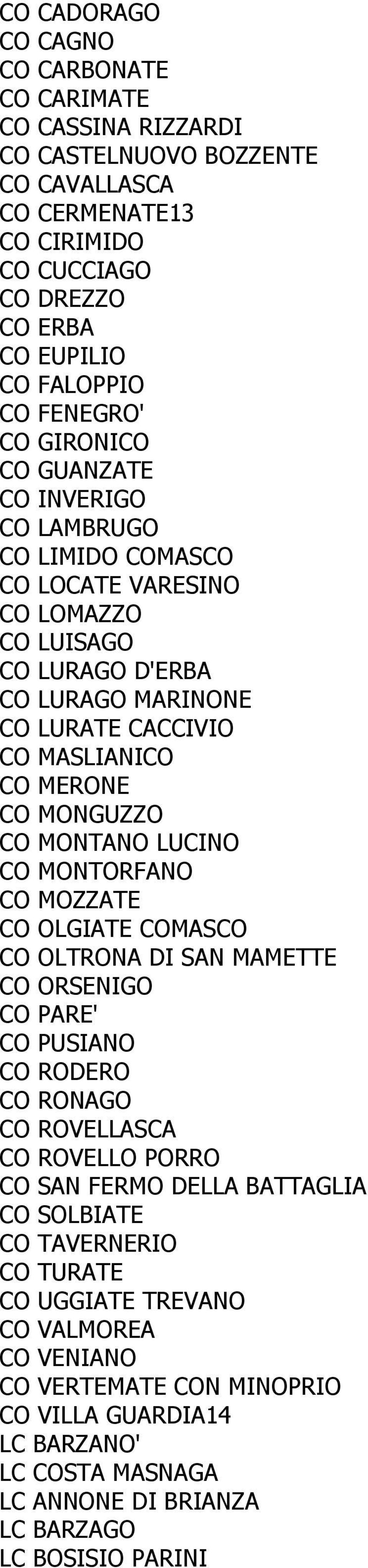 MONTANO LUCINO CO MONTORFANO CO MOZZATE CO OLGIATE COMASCO CO OLTRONA DI SAN MAMETTE CO ORSENIGO CO PARE' CO PUSIANO CO RODERO CO RONAGO CO ROVELLASCA CO ROVELLO PORRO CO SAN FERMO DELLA BATTAGLIA