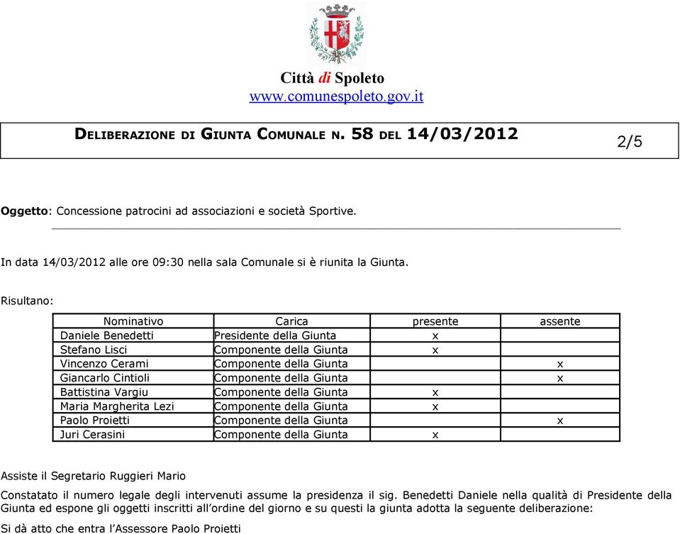 Componente della Giunta x Battistina Vargiu Componente della Giunta x Maria Margherita Lezi Componente della Giunta x Paolo Proietti Componente della Giunta x Juri Cerasini Componente della Giunta x