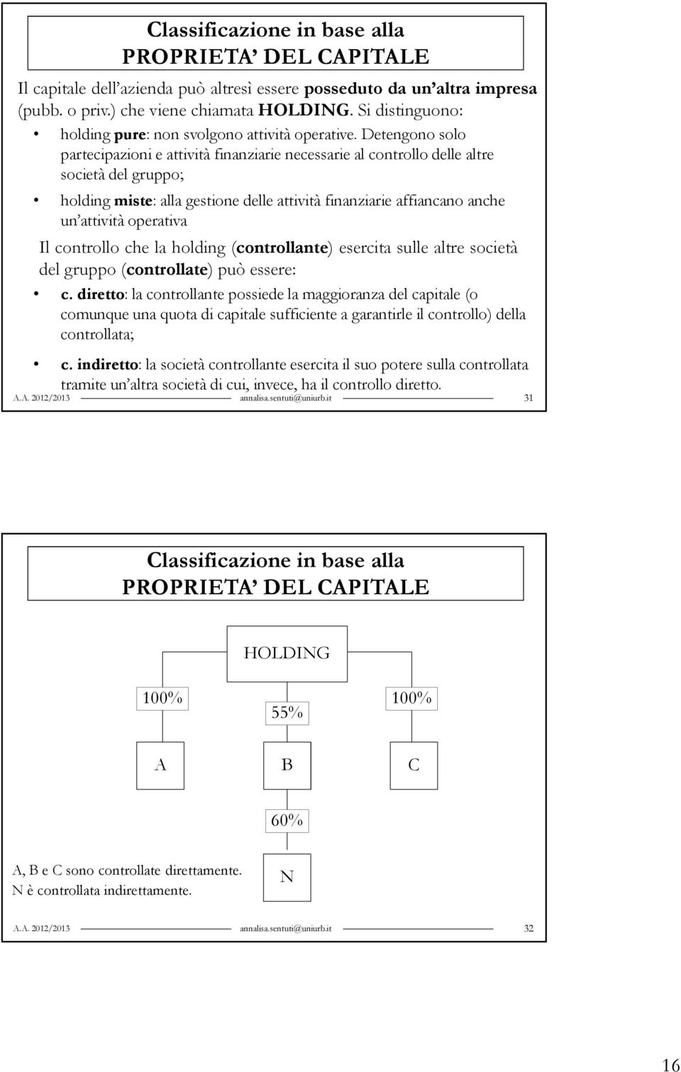 Detengono solo partecipazioni e attività finanziarie necessarie al controllo delle altre società del gruppo; holding miste: alla gestione delle attività finanziarie affiancano anche un attività