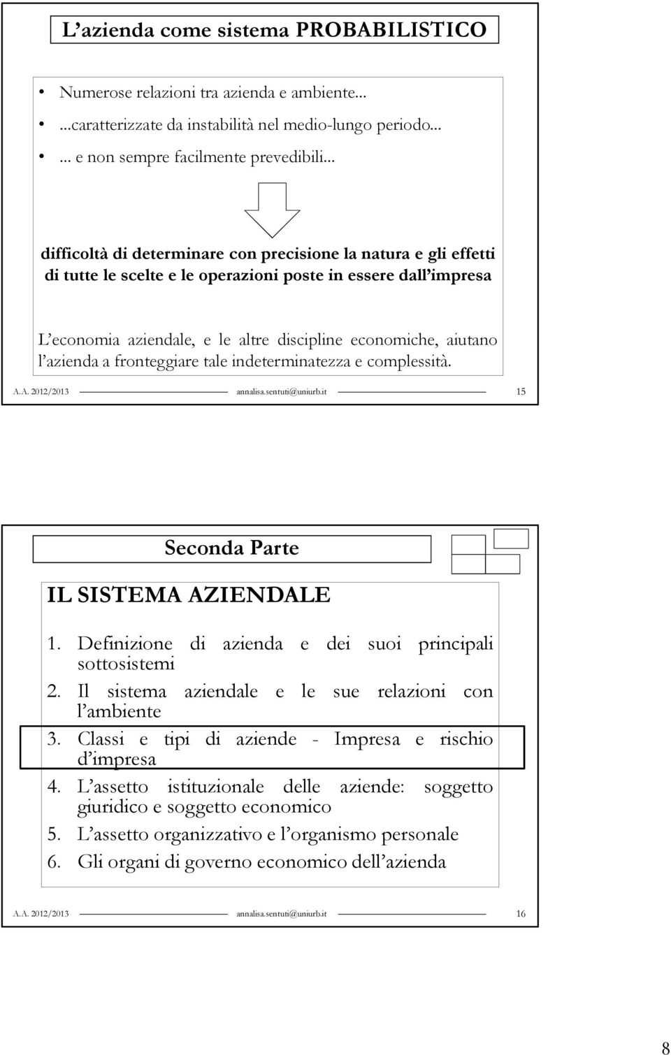 azienda a fronteggiare tale indeterminatezza e complessità. A.A. 2012/2013 annalisa.sentuti@uniurb.it 15 Seconda Parte IL SISTEMA AZIENDALE 1.