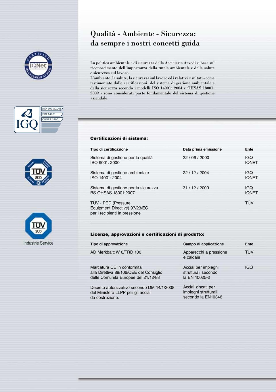 L ambiente, la salute, la sicurezza sul lavoro ed i relativi risultati - come testimoniato dalle certificazioni del sistema di gestione ambientale e della sicurezza secondo i modelli ISO 14001: 2004