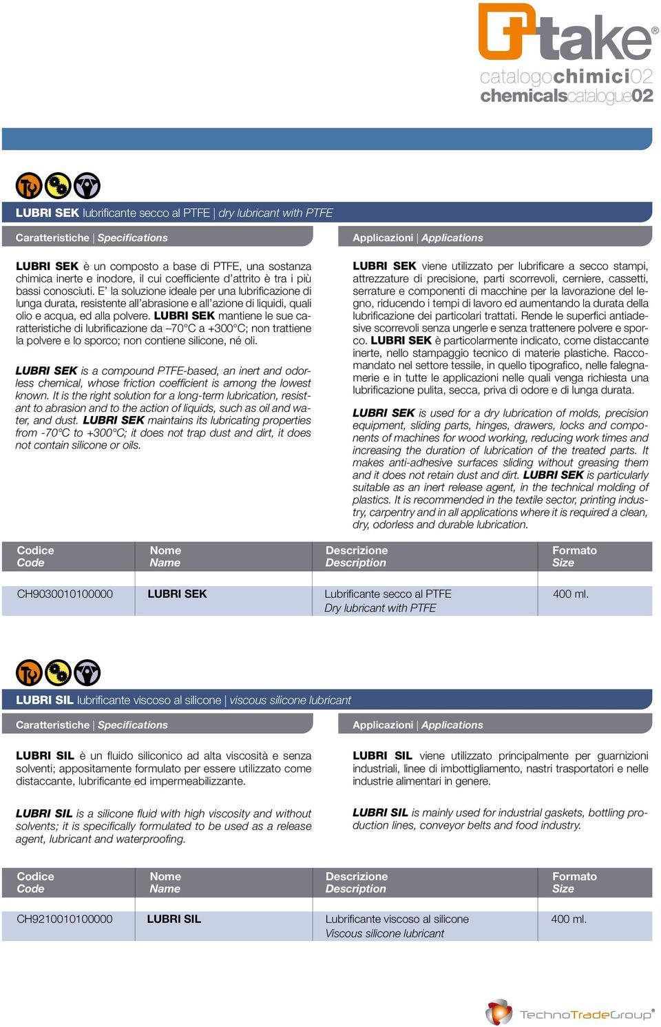 LUBRI SEK mantiene le sue caratteristiche di lubrificazione da 70 C a +300 C; non trattiene la polvere e lo sporco; non contiene silicone, né oli.