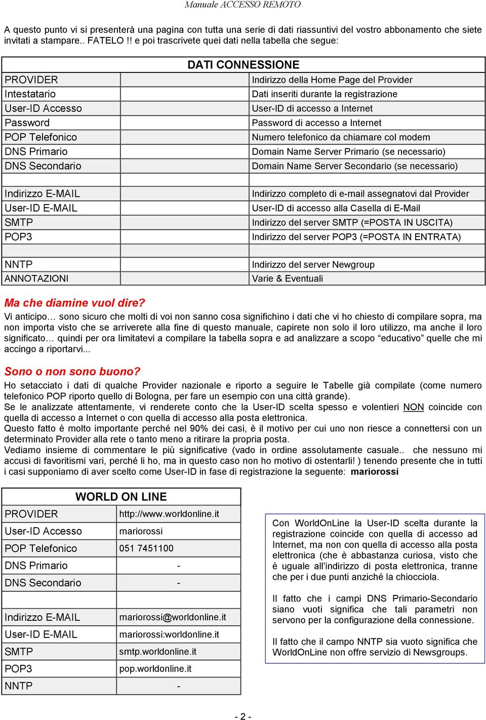 CONNESSIONE Indirizzo della Home Page del Provider Dati inseriti durante la registrazione User-ID di accesso a Internet Password di accesso a Internet Numero telefonico da chiamare col modem Domain