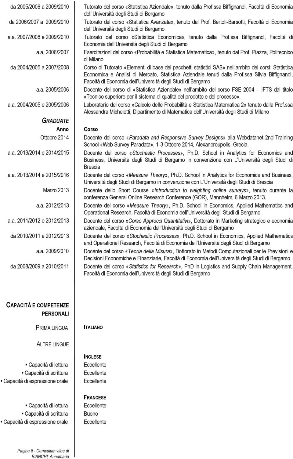 ssa Biffignandi, Facoltà di Economia Tutorato del corso «Statistica Avanzata», tenuto dal Prof. Bertoli-Barsotti, Facoltà di Economia Tutorato del corso «Statistica Economica», tenuto dalla Prof.