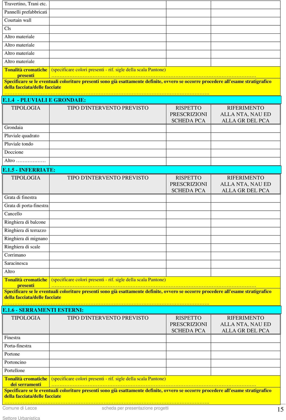 1.4 - PLUVIALI E GRONDAIE: TIPOLOGIA TIPO D'INTERVENTO PREVISTO RISPETTO PRESCRIZIONI SCHEDA PCA Grondaia Pluviale quadrato Pluviale tondo Doccione Altro E.1.5 - INFERRIATE: TIPOLOGIA TIPO