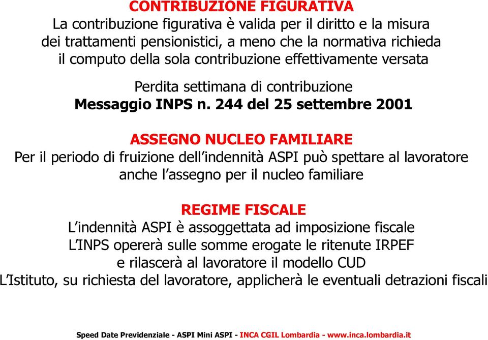 244 del 25 settembre 2001 ASSEGNO NUCLEO FAMILIARE Per il periodo di fruizione dell indennità ASPI può spettare al lavoratore anche l assegno per il nucleo familiare