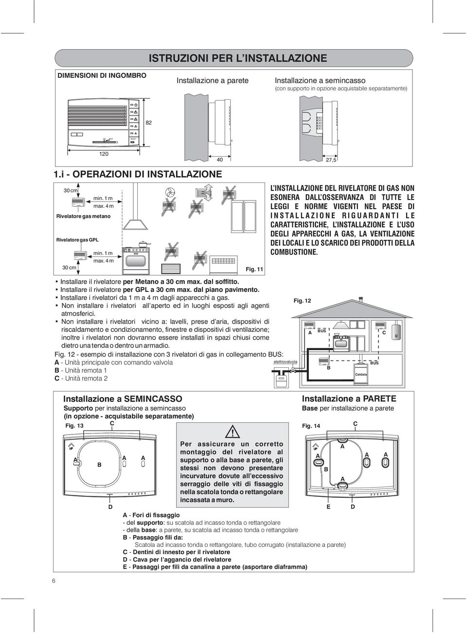 dal piano pavimento. Installare i rivelatori da m a 4 m dagli apparecchi a gas. Non installare i rivelatori all aperto ed in luoghi esposti agli agenti atmosferici.