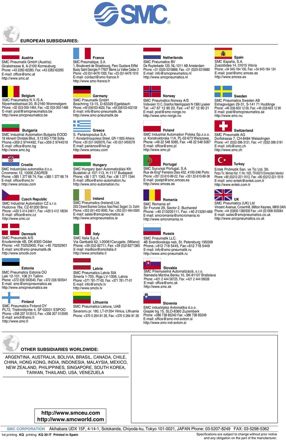 smc-france.fr Netherlands SMC Pneumatics BV De Ruyterkade 120, NL-1011 AB Amsterdam Phone: +31 (0)20-5318888, Fax: +31 (0)20-5318880 E-mail: info@smcpneumatics.nl http://www.smcpneumatics.nl Spain SMC España, S.