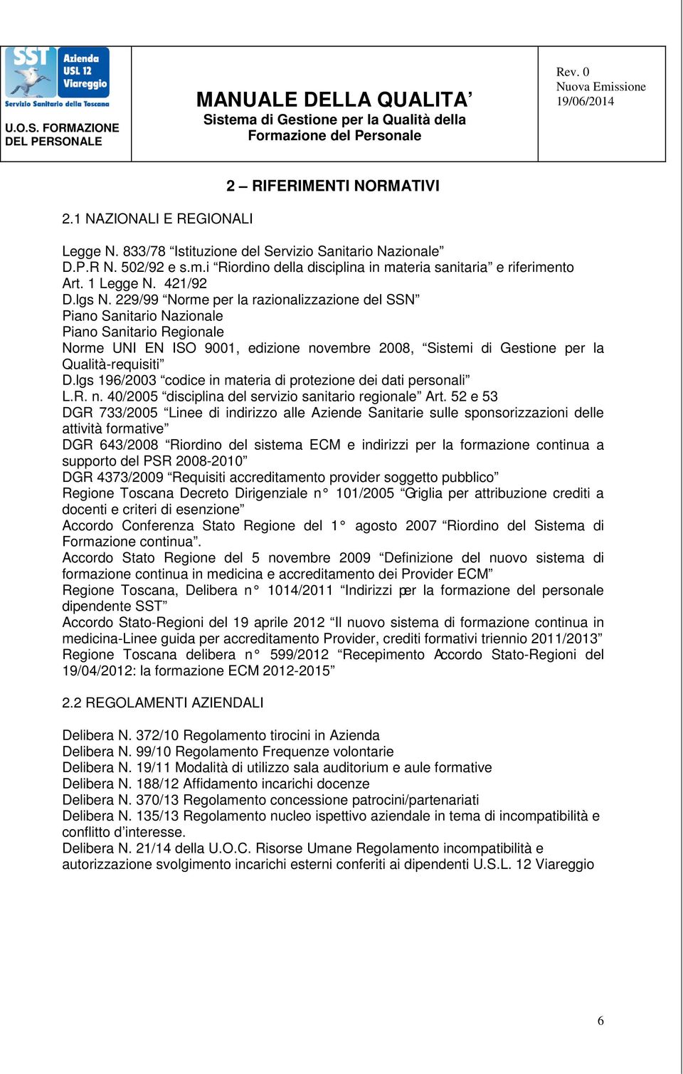 229/99 Norme per la razionalizzazione del SSN Piano Sanitario Nazionale Piano Sanitario Regionale Norme UNI EN ISO 9001, edizione novembre 2008, Sistemi di Gestione per la Qualità-requisiti D.