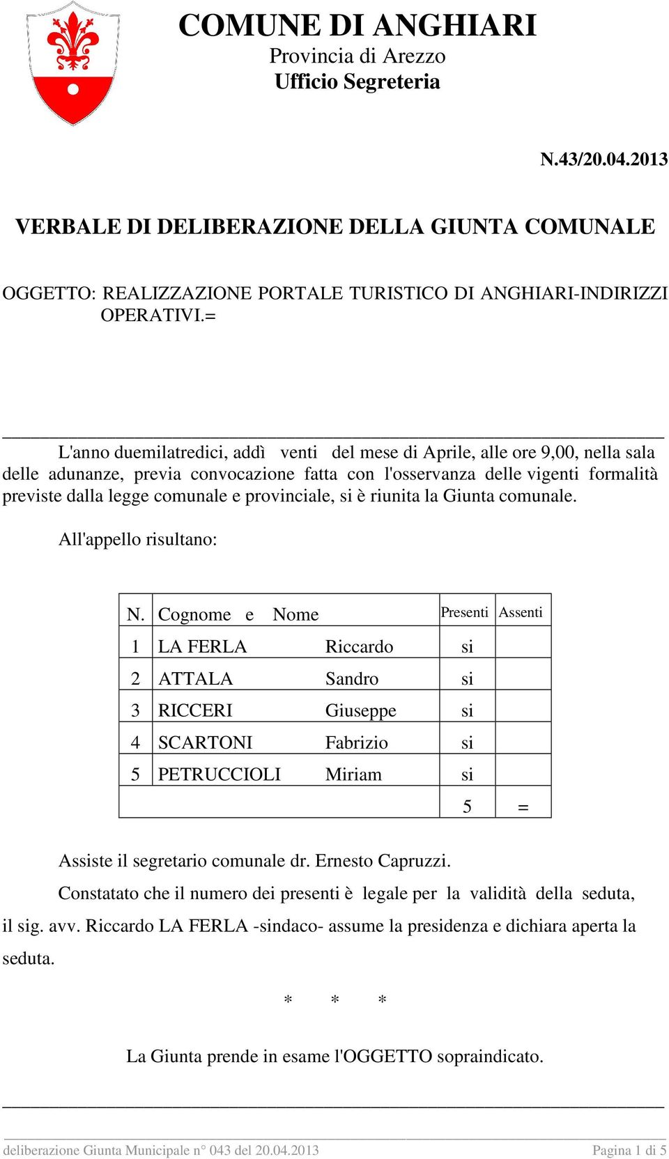 provinciale, si è riunita la Giunta comunale. All'appello risultano: N.