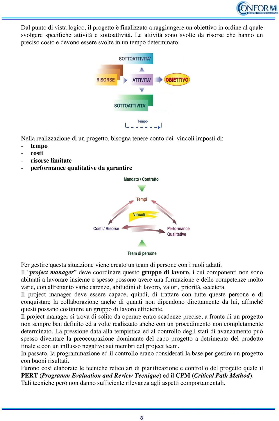 Nella realizzazione di un progetto, bisogna tenere conto dei vincoli imposti di: - tempo - costi - risorse limitate - performance qualitative da garantire Per gestire questa situazione viene creato