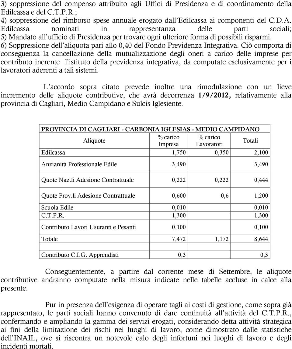 Edilcassa nominati in rappresentanza delle parti sociali; 5) Mandato all ufficio di Presidenza per trovare ogni ulteriore forma di possibili risparmi.