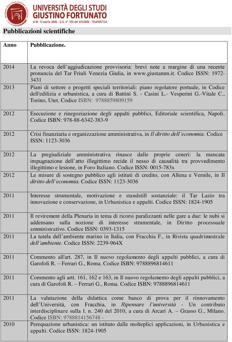 -Vitale C., Torino, Utet. Codice ISBN: 9788859809159 2012 Esecuzione e rinegoziazione degli appalti pubblici, Editoriale scientifica, Napoli.