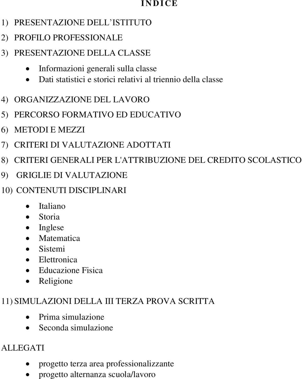 L'ATTRIBUZIONE DEL CREDITO SCOLASTICO 9) GRIGLIE DI VALUTAZIONE 10) CONTENUTI DISCIPLINARI Italiano Storia Inglese Matematica Sistemi Elettronica Educazione Fisica