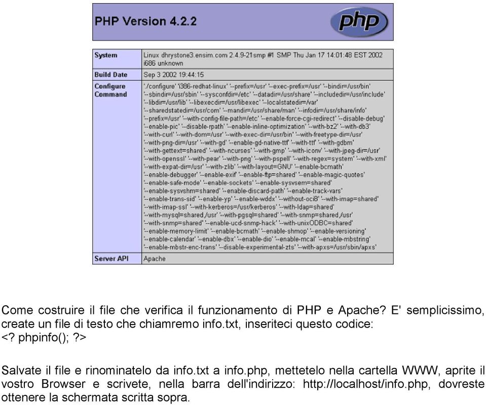 phpinfo();?> Salvate il file e rinominatelo da info.txt a info.