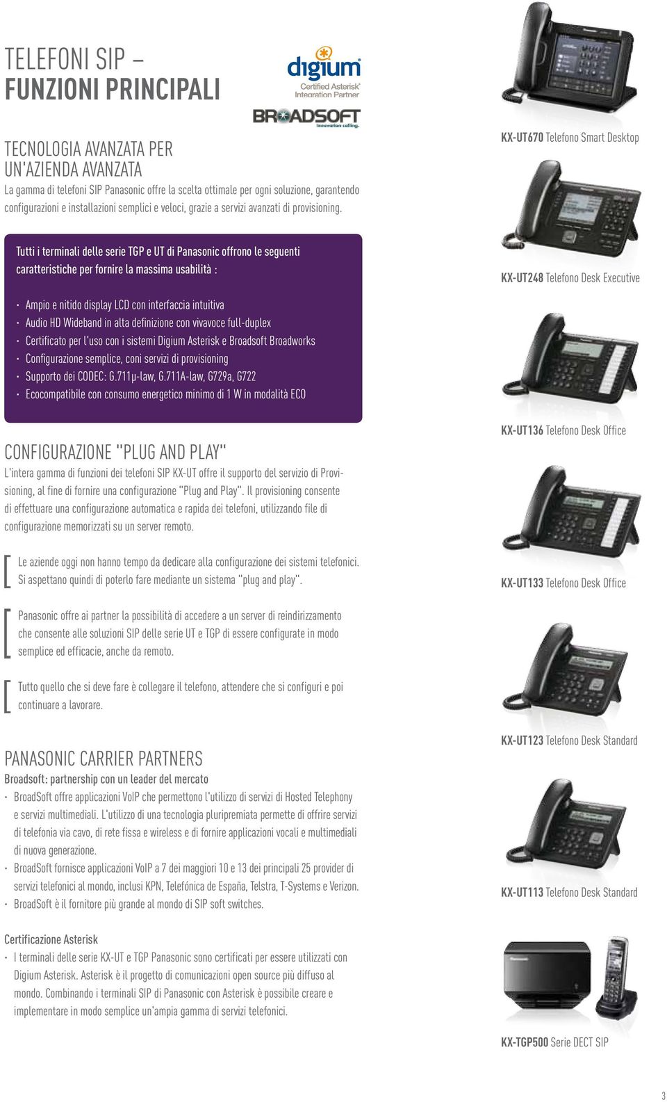 KX-UT670 Telefono Smart Desktop Tutti i terminali delle serie TGP e UT di Panasonic offrono le seguenti caratteristiche per fornire la massima usabilità : KX-UT248 Telefono Desk Executive Ampio e