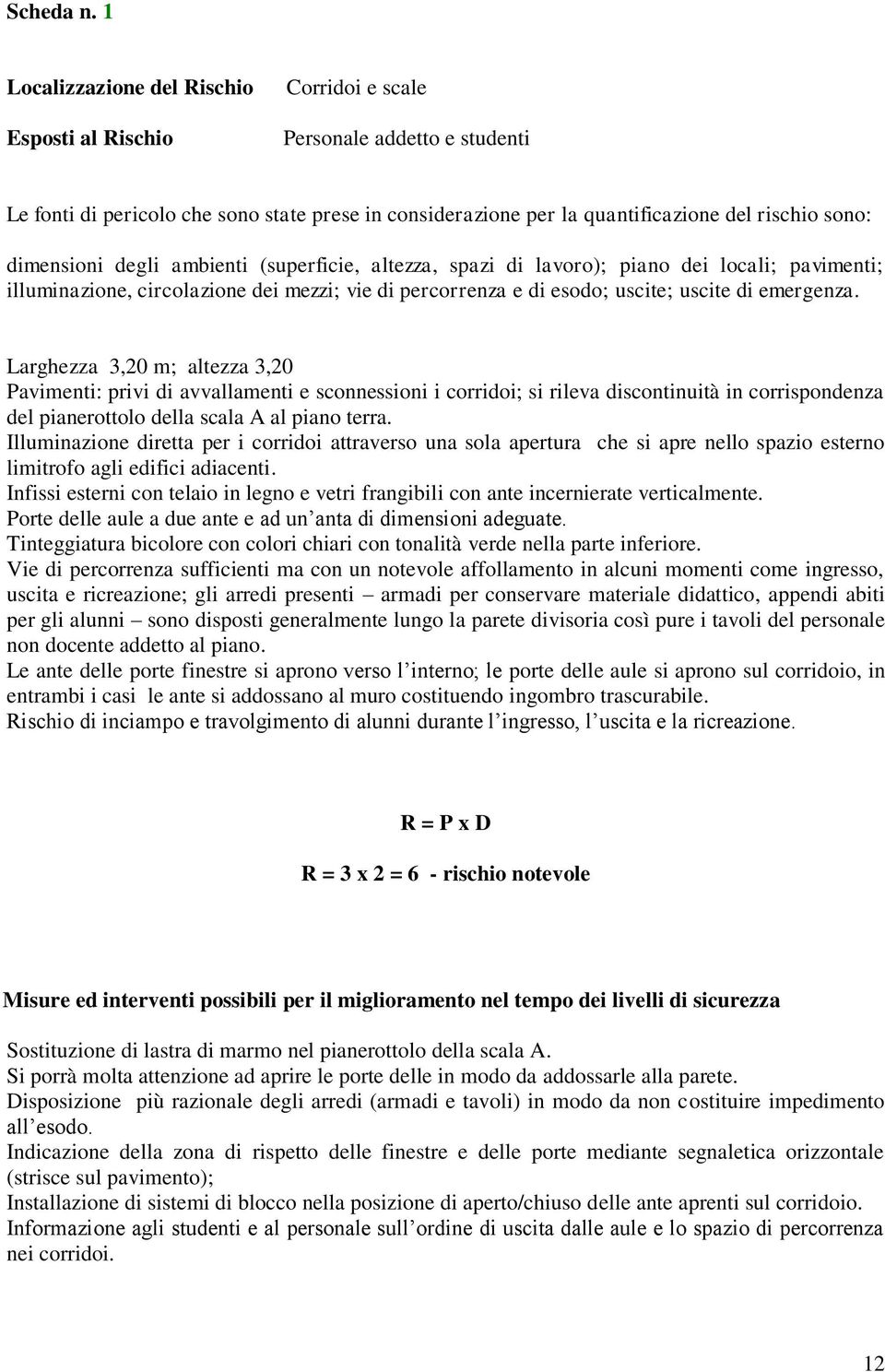 dimensioni degli ambienti (superficie, altezza, spazi di lavoro); piano dei locali; pavimenti; illuminazione, circolazione dei mezzi; vie di percorrenza e di esodo; uscite; uscite di emergenza.