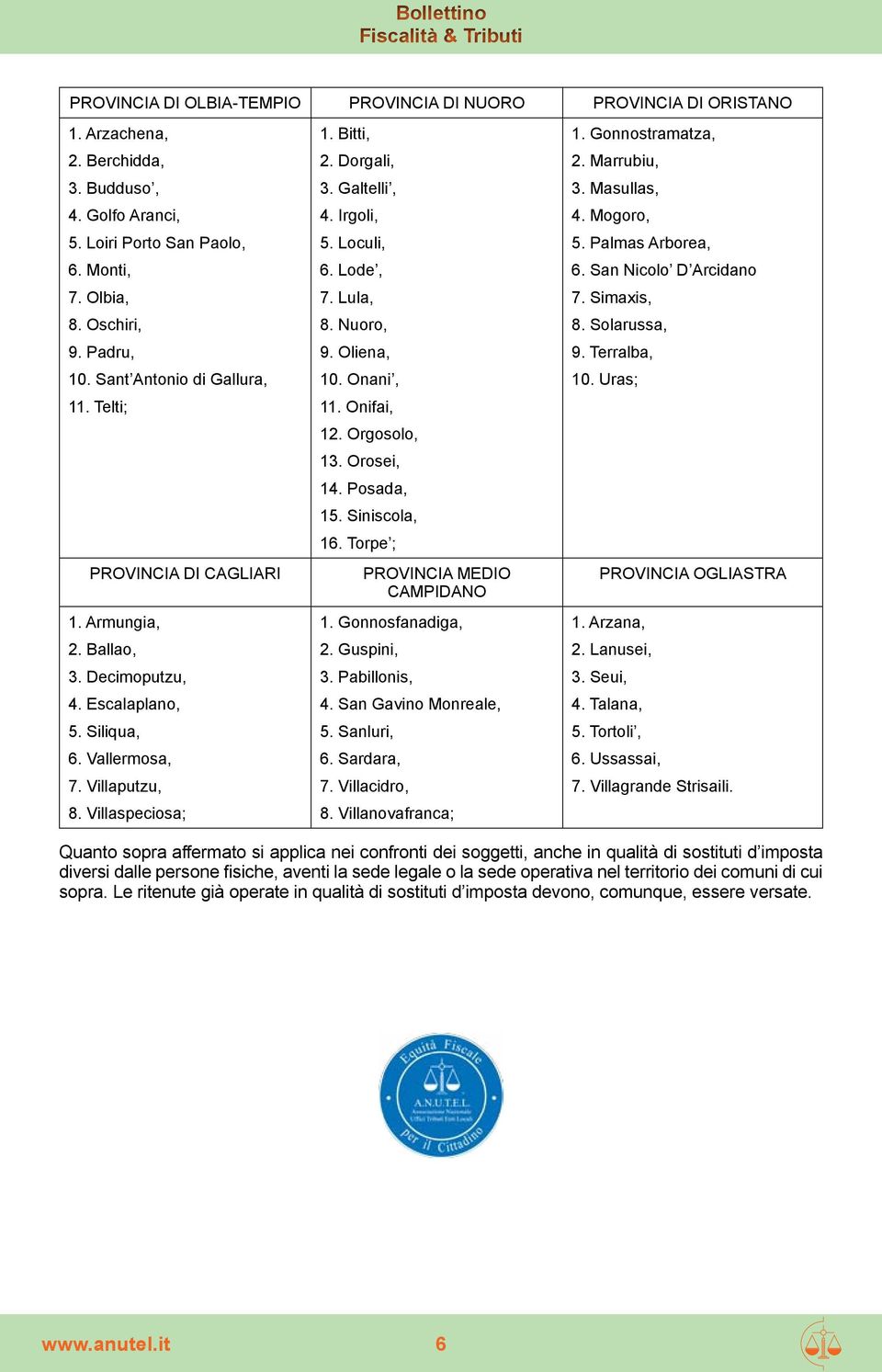 Galtelli, 4. Irgoli, 5. Loculi, 6. Lode, 7. Lula, 8. Nuoro, 9. Oliena, 10. Onani, 11. Onifai, 12. Orgosolo, 13. Orosei, 14. Posada, 15. Siniscola, 16. Torpe ; PROVINCIA MEDIO CAMPIDANO 1.