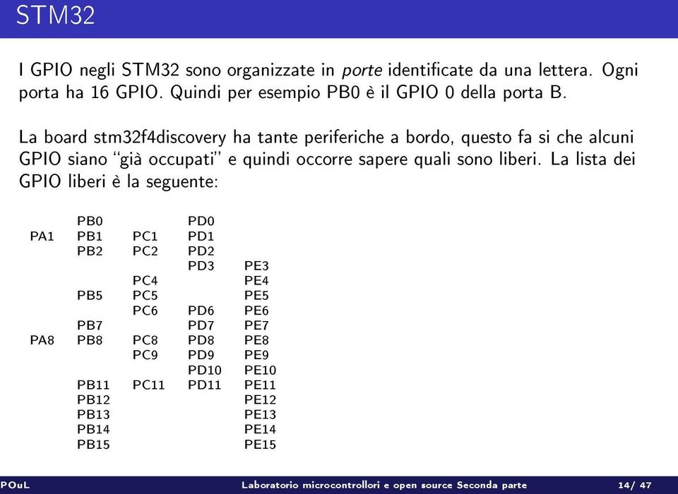 La board stm32f4discovery ha tante periferiche a bordo, questo fa si che alcuni GPIO siano già occupati e quindi occorre sapere quali sono liberi.