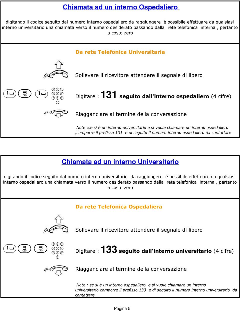 :se si è un interno universitario e si vuole chiamare un interno ospedaliero,comporre il prefisso 131 e di seguito il numero interno ospedaliero da contattare Chiamata ad un interno Universitario