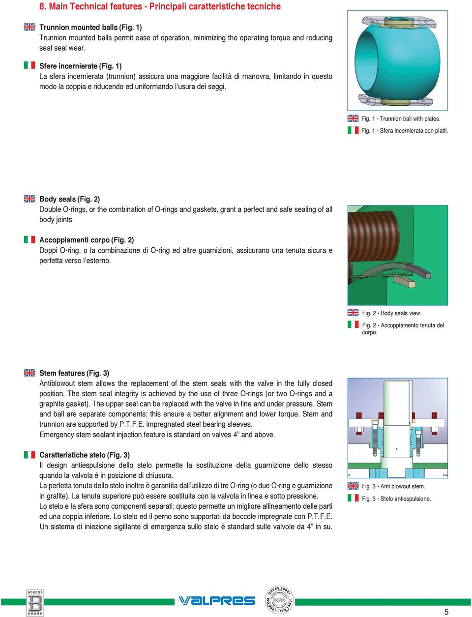 1) La sfera incernierata (trunnion) assicura una maggiore facilità di manovra, limitando in questo modo la coppia e riducendo ed uniformando l usura dei seggi. Fig. 1 - Trunnion ball with plates. Fig. 1 - Sfera incernierata con piatti.