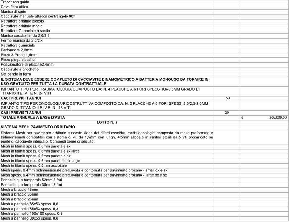 ESSERE COMPLETO DI CACCIAVITE DINAMOMETRICO A BATTERIA MONOUSO DA FORNIRE IN USO GRATUITO PER TUTTA LA DURATA CONTRATTUALE IMPIANTO TIPO PER TRAUMATOLOGIA COMPOSTO DA: N. 4 PLACCHE A 6 FORI SPESS.