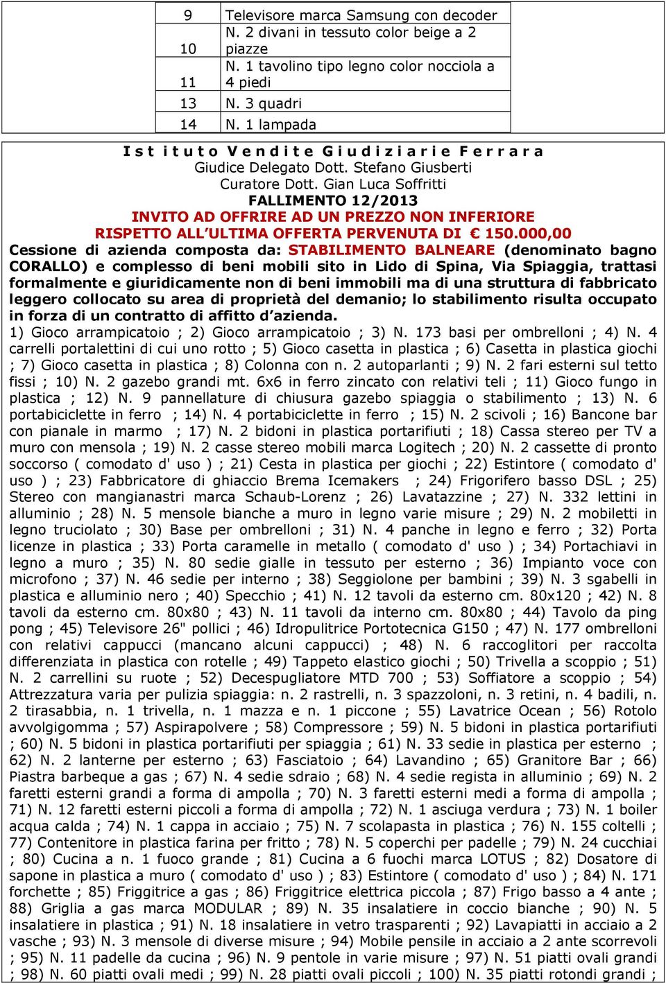 Gian Luca Soffritti FALLIMENTO 12/2013 INVITO AD OFFRIRE AD UN PREZZO NON INFERIORE RISPETTO ALL ULTIMA OFFERTA PERVENUTA DI 150.
