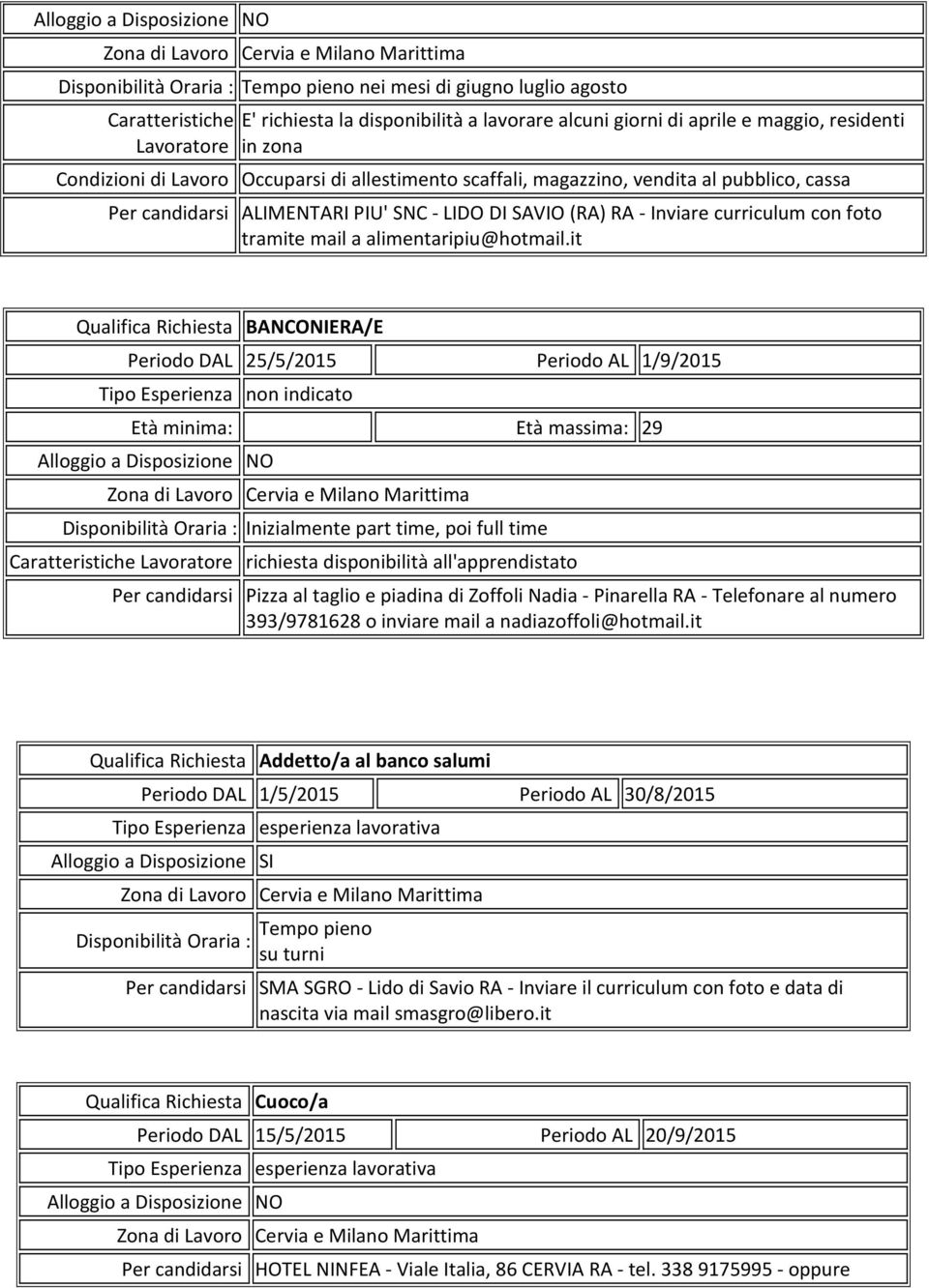 it Qualifica Richiesta BANCONIERA/E Periodo DAL 25/5/2015 Periodo AL 1/9/2015 Età minima: Età massima: 29 Inizialmente part time, poi full time richiesta disponibilità all'apprendistato Per