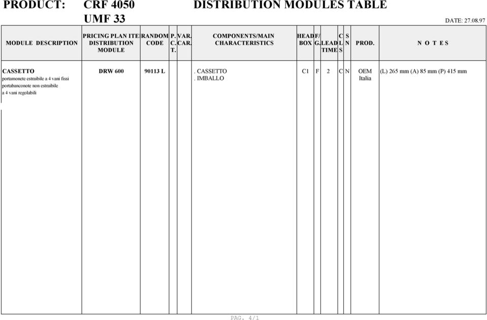 LEAD L N PROD. N O T E S MODULE T. TIME S CASSETTO DRW 600 90113 L.