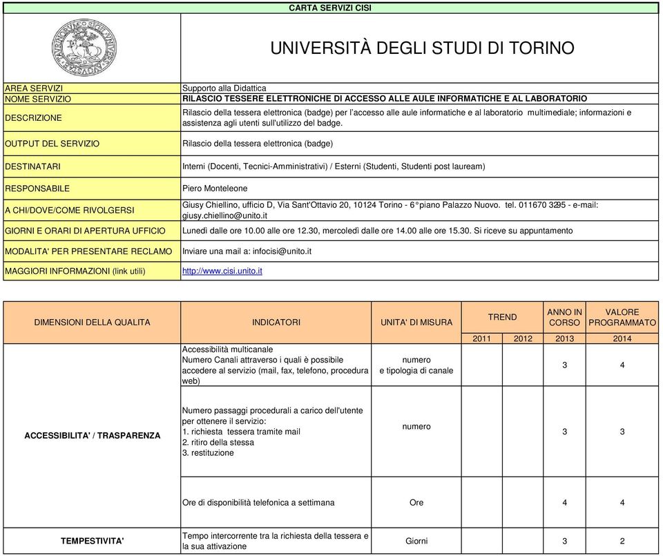 elettronica (badge) per l accesso alle aule informatiche e al laboratorio multimediale; informazioni e assistenza agli utenti sull'utilizzo del badge.