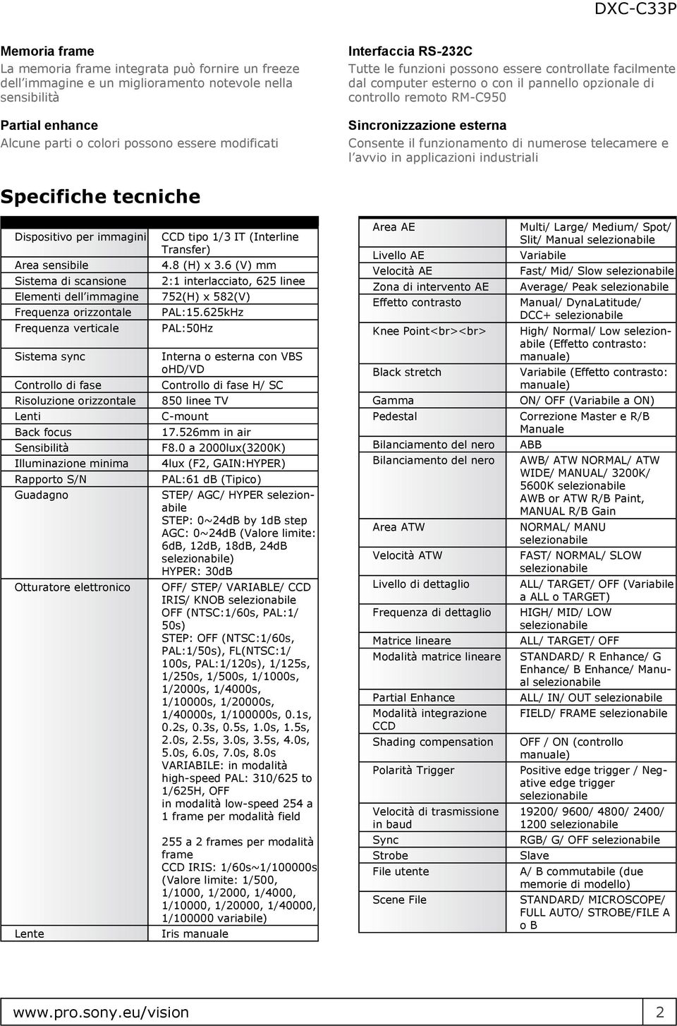 funzionamento di numerose telecamere e l avvio in applicazioni industriali Specifiche tecniche Dispositivo per immagini Area sensibile Sistema di scansione Elementi dell immagine Frequenza