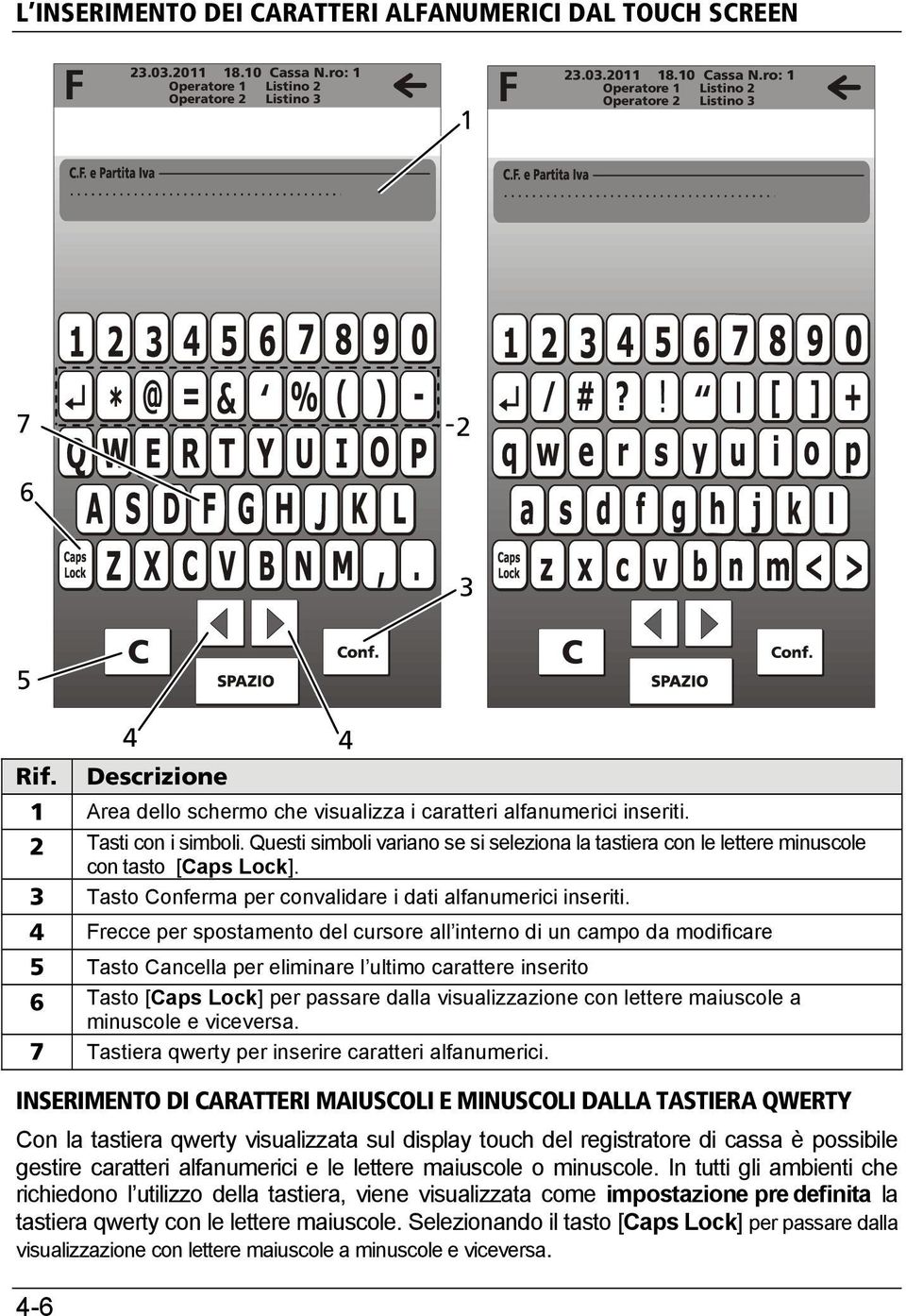 Questi simboli variano se si seleziona la tastiera con le lettere minuscole con tasto [Caps Lock]. 3 Tasto Conferma per convalidare i dati alfanumerici inseriti.