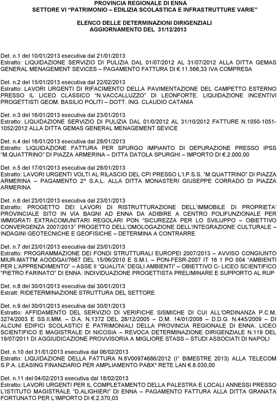 566,33 IVA COMPRESA Det. n.2 del 15/01/2013 esecutiva dal 22/02/2013 Estratto: LAVORI URGENTI DI RIFACIMENTO DELLA PAVIMENTAZIONE DEL CAMPETTO ESTERNO PRESSO IL LICEO CLASSICO N.