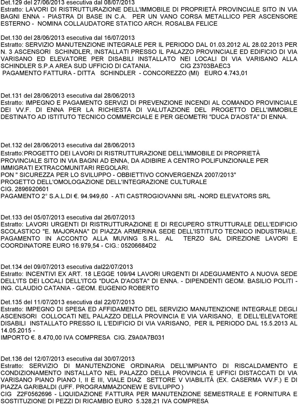 3 ASCENSORI SCHINDLER, INSTALLATI PRESSO IL PALAZZO PROVINCIALE ED EDIFICIO DI VIA VARISANO ED ELEVATORE PER DISABILI INSTALLATO NEI LOCALI DI VIA VARISANO ALLA SCHINDLER S.P.A AREA SUD UFFICIO DI CATANIA.