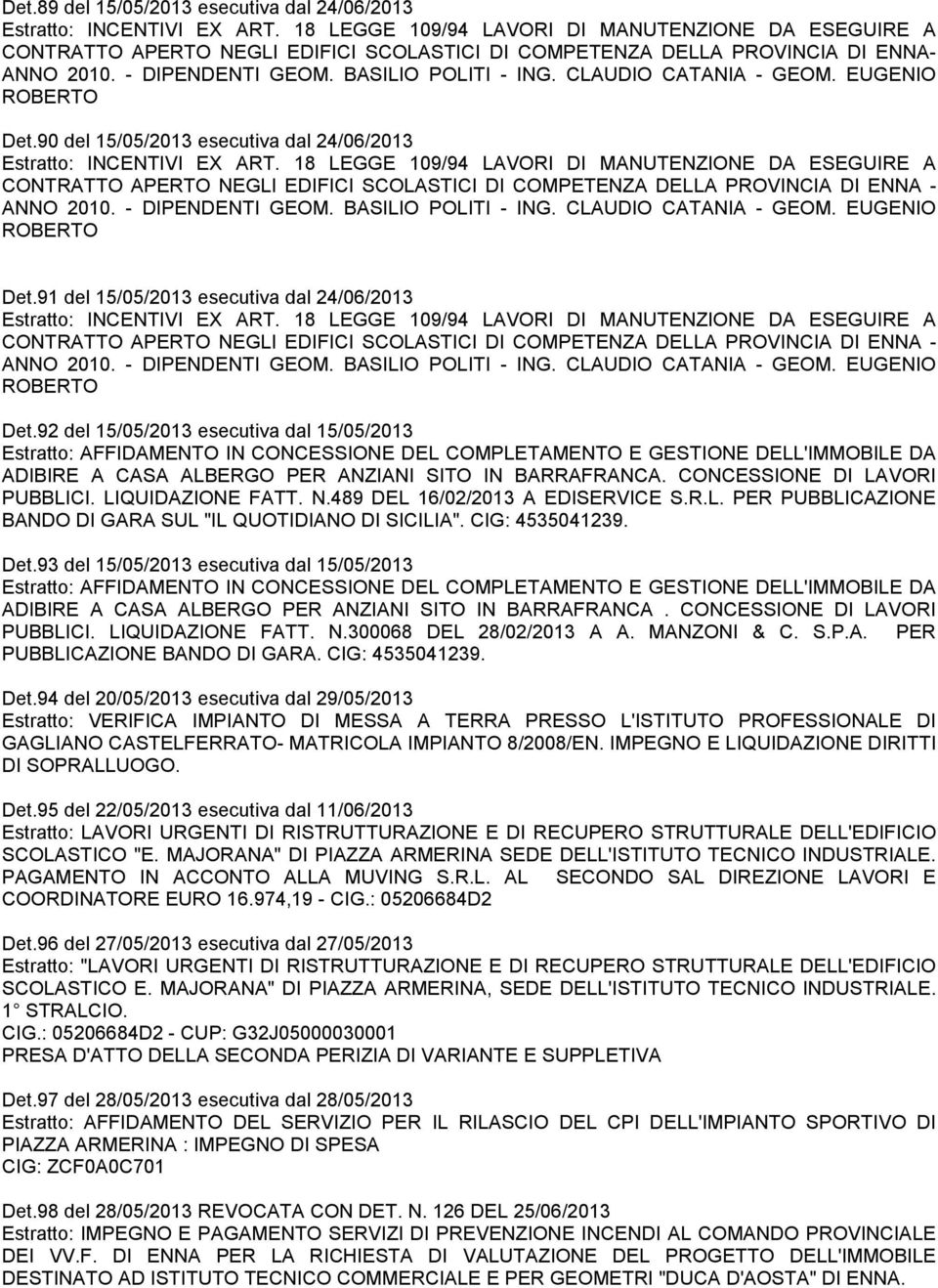 CLAUDIO CATANIA - GEOM. EUGENIO ROBERTO Det.90 del 15/05/2013 esecutiva dal 24/06/2013 Estratto: INCENTIVI EX ART.