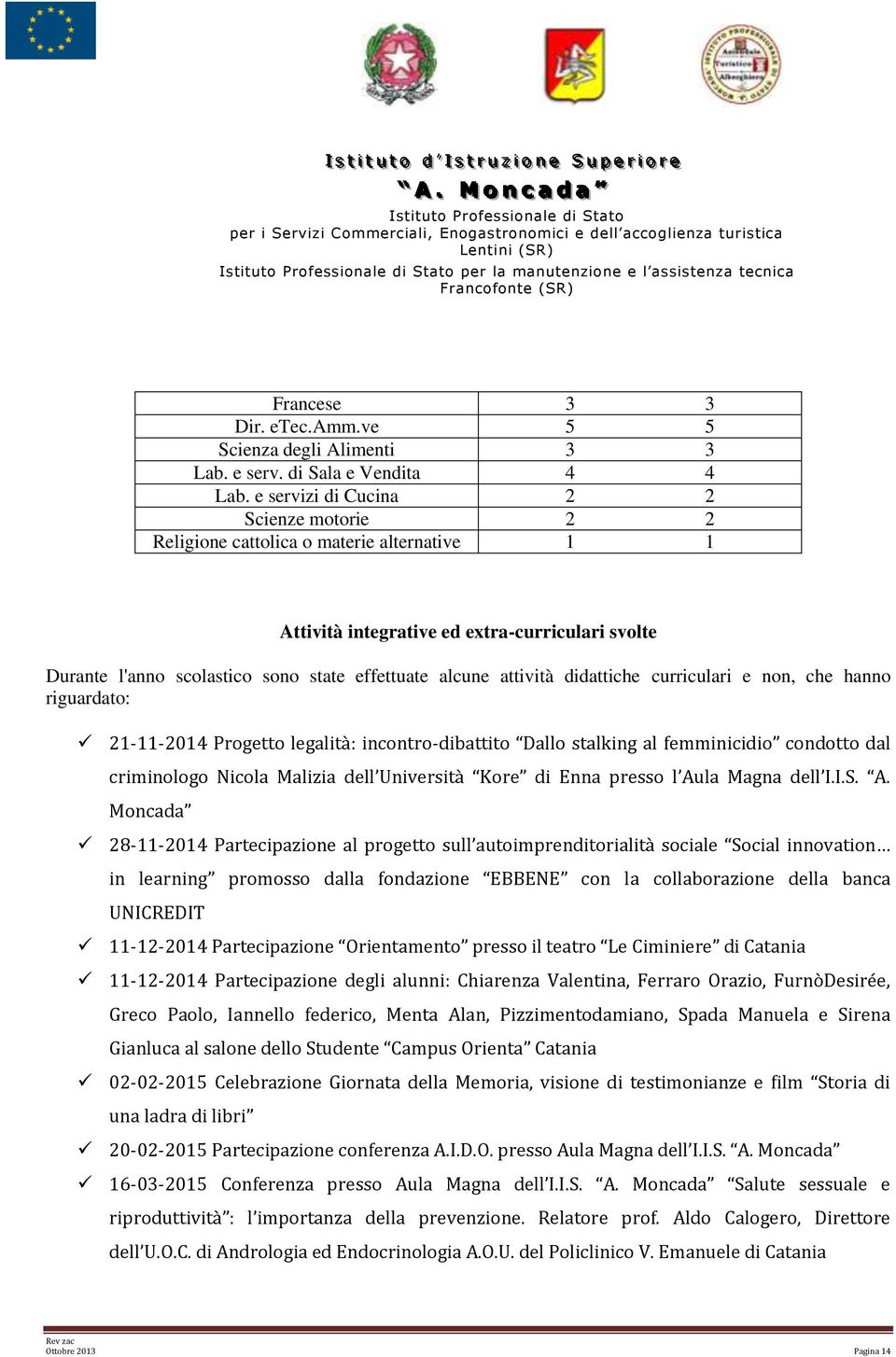 didattiche curriculari e nn, che hann riguardat: 21-11-2014 Prgett legalità: incntr-dibattit Dall stalking al femminicidi cndtt dal criminlg Nicla Malizia dell Università Kre di Enna press l Aula