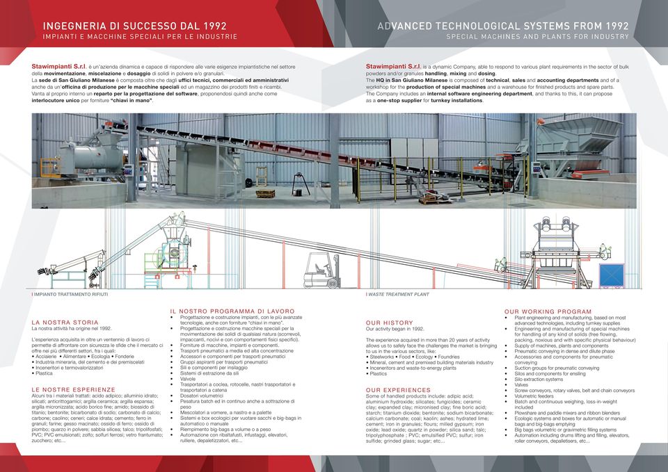 è un azienda dinamica e capace di rispondere alle varie esigenze impiantistiche nel settore della movimentazione, miscelazione e dosaggio di solidi in polvere e/o granulari.