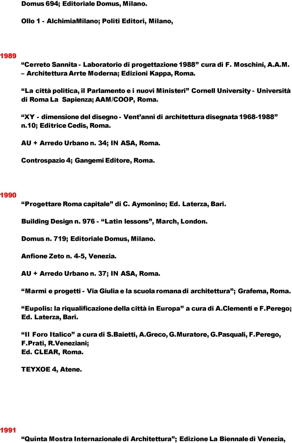 10; Editrice Cedis, Roma. AU + Arredo Urbano n. 34; IN ASA, Roma. Controspazio 4; Gangemi Editore, Roma. 1990 Progettare Roma capitale di C. Aymonino; Ed. Laterza, Bari. Building Design n.