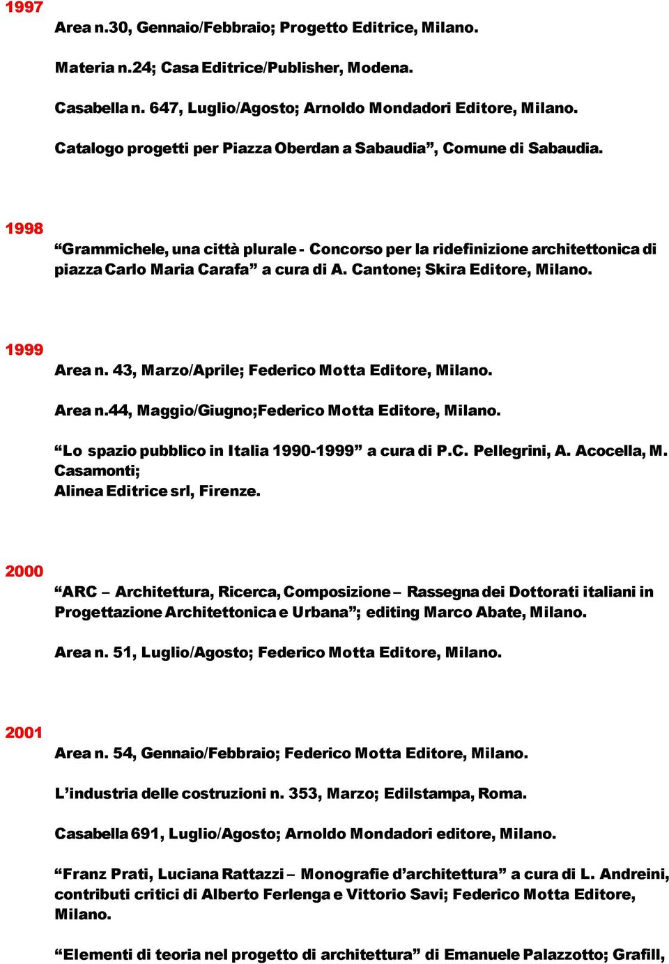 Cantone; Skira Editore, Milano. 1999 Area n. 43, Marzo/Aprile; Federico Motta Editore, Milano. Area n.44, Maggio/Giugno;Federico Motta Editore, Milano.