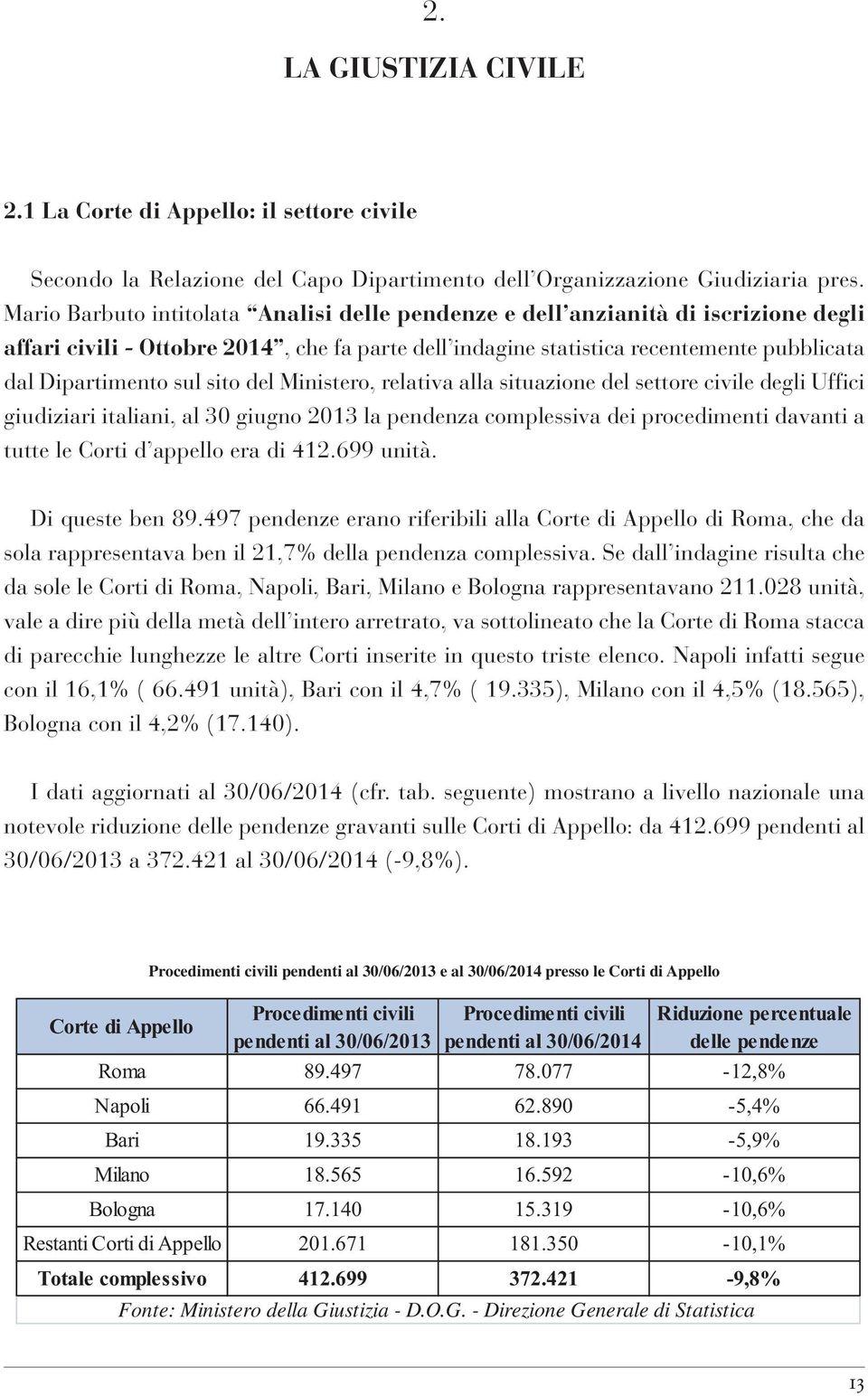 sito del Ministero, relativa alla situazione del settore civile degli Uffici giudiziari italiani, al 30 giugno 2013 la pendenza complessiva dei procedimenti davanti a tutte le Corti d appello era di