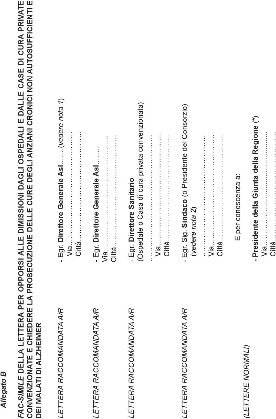 Direttore Generale Asl.. Via... Città. LETTERA RACCOMANDATA A/R - Egr. Direttore Sanitario (Ospedale o Casa di cura privata convenzionata). Via. Città.. LETTERA RACCOMANDATA A/R - Egr. Sig.