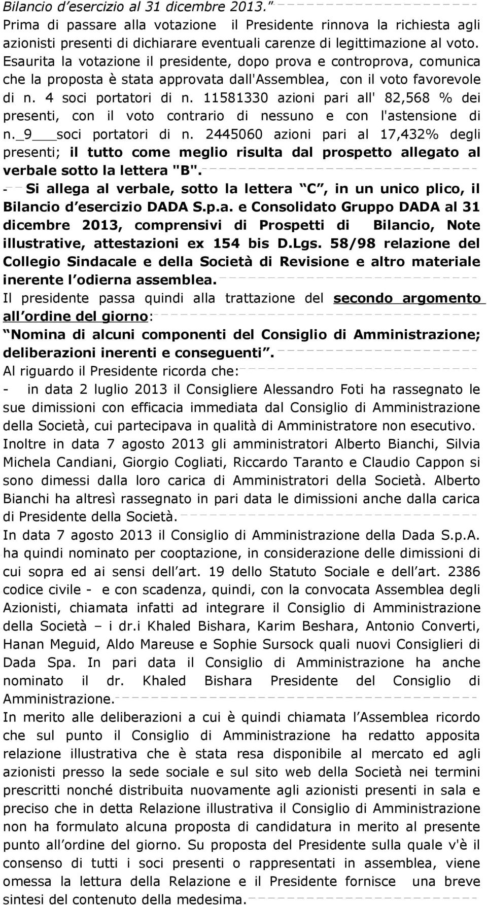 11581330 azioni pari all' 82,568 % dei presenti, con il voto contrario di nessuno e con l'astensione di n._9 soci portatori di n.