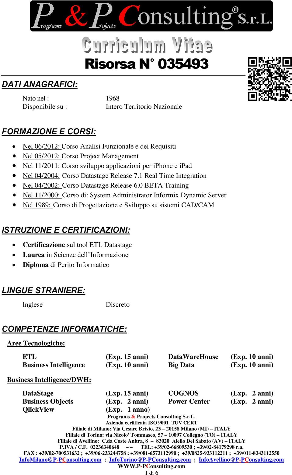 0 BETA Training Nel 11/2000: Corso di: System Administrator Informix Dynamic Server Nel 1989: Corso di Progettazione e Sviluppo su sistemi CAD/CAM ISTRUZIONE E CERTIFICAZIONI: Certificazione sul tool