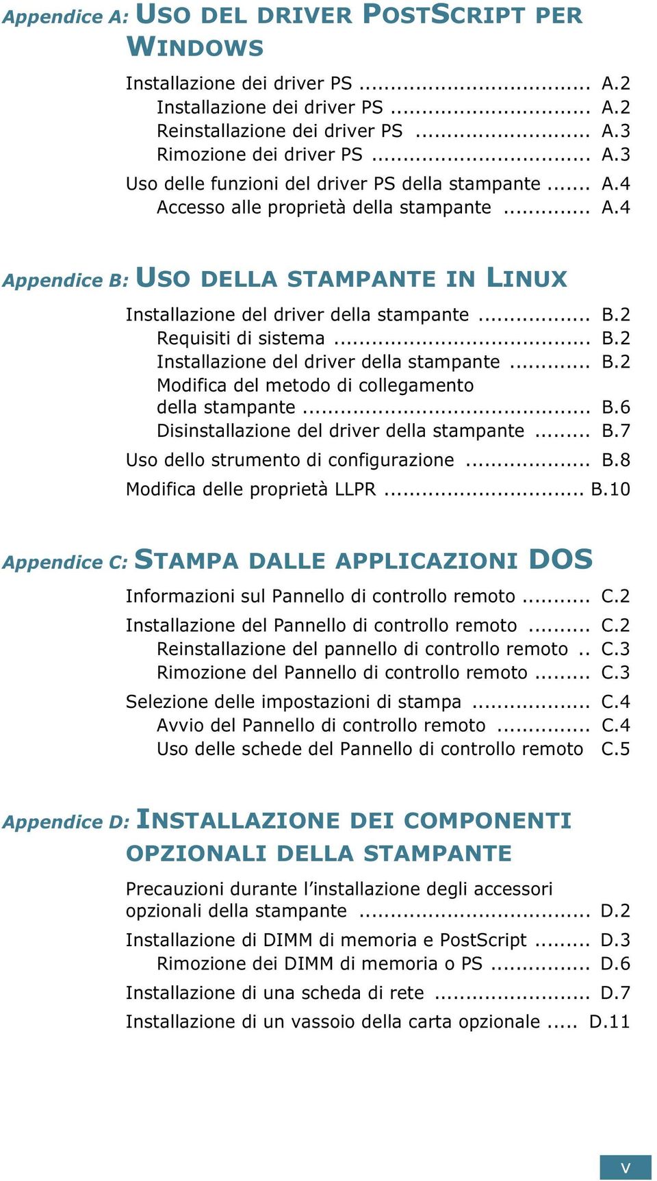 .. B.2 Modifica del metodo di collegamento della stampante... B.6 Disinstallazione del driver della stampante... B.7 Uso dello strumento di configurazione... B.8 Modifica delle proprietà LLPR... B.10 Appendice C: STAMPA DALLE APPLICAZIONI DOS Informazioni sul Pannello di controllo remoto.