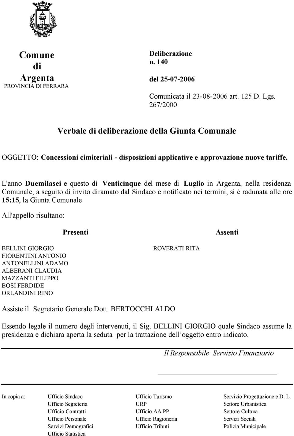 L'anno Duemilasei e questo dì Venticinque del mese di Luglio in Argenta, nella residenza Comunale, a seguito di invito diramato dal Sindaco e notificato nei termini, si è radunata alle ore 15:15, la