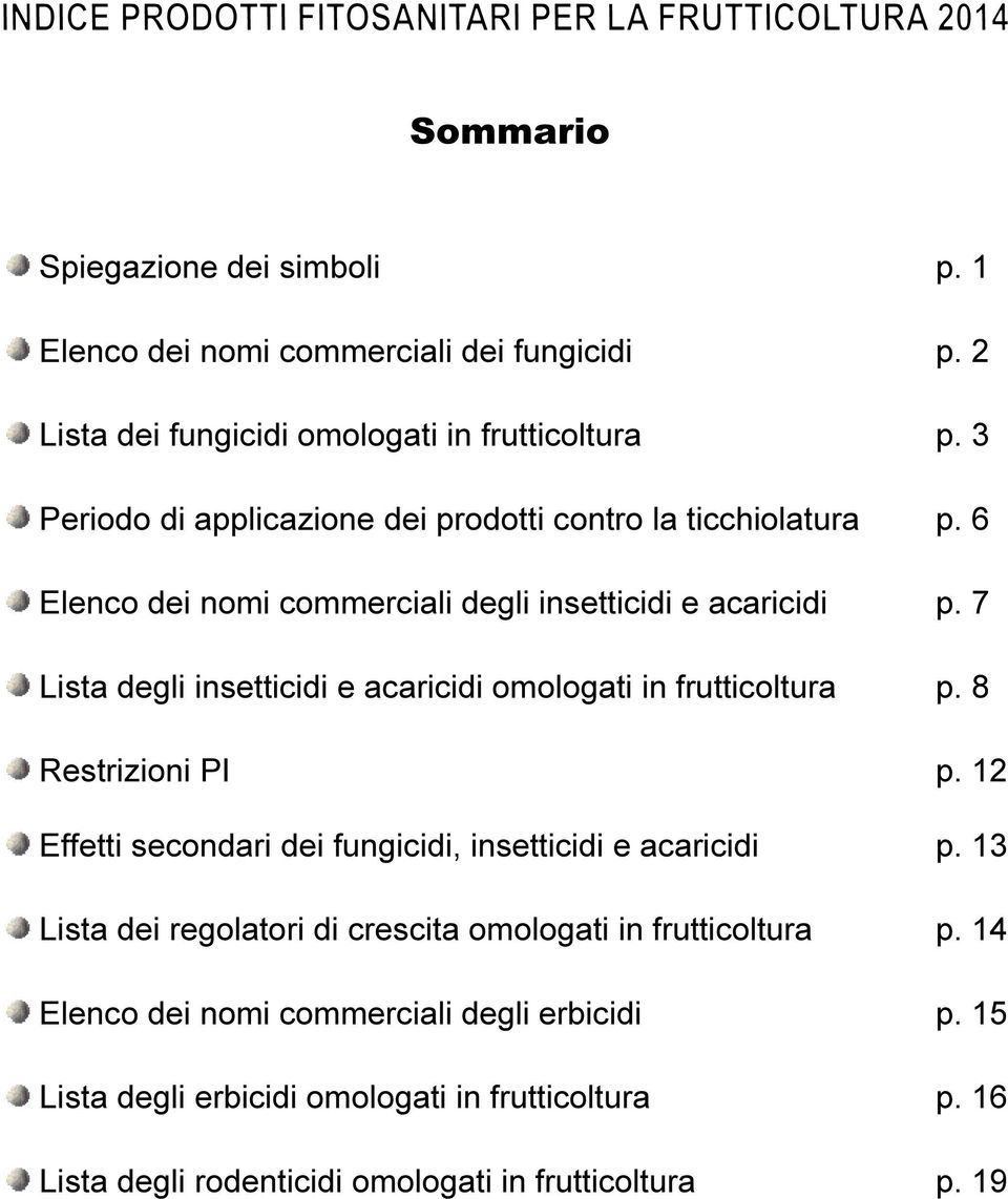 7 Lista degli insetticidi e acaricidi omologati in frutticoltura p. 8 Restrizioni PI p. 12 Effetti secondari dei fungicidi, insetticidi e acaricidi p.